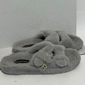 BEBE Women's Gray Fluffy Open Toe Two Band Faux Fur Slides Slippers Size 10